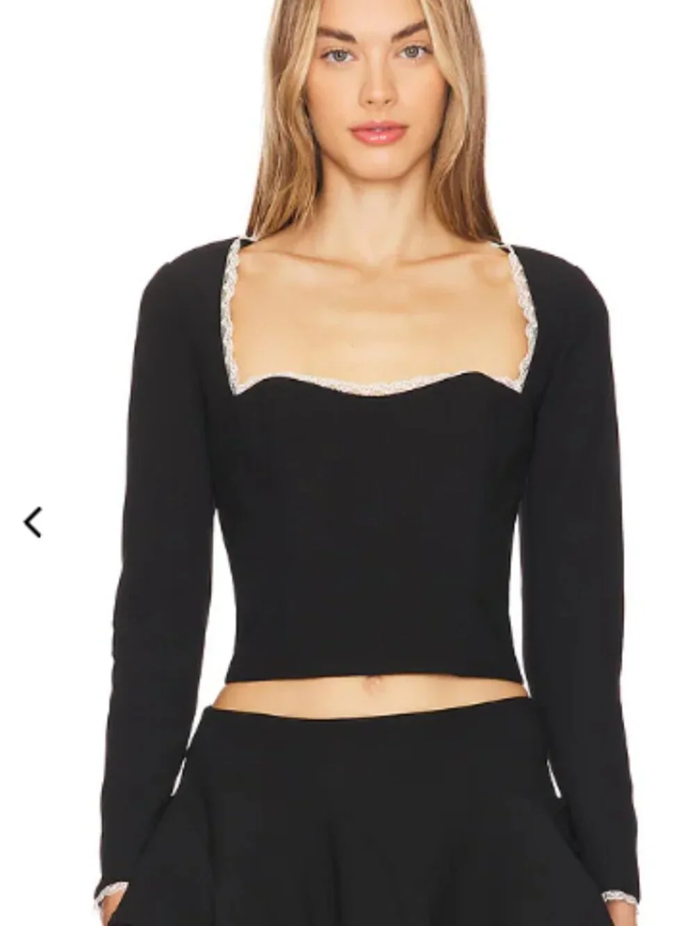 REVOLVE Black Cropped Long-Sleeve Top with White Lace Trim
